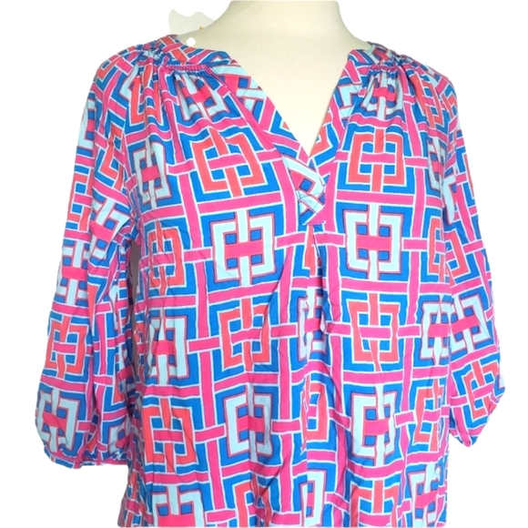 crown & ivy Tops - Crown & Ivy Pink Blue Print Blouse